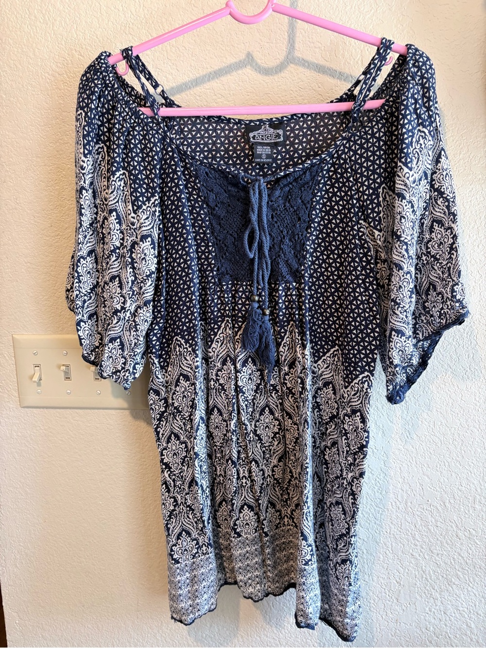 Angie Navy and White Boho Lace-Up Tunic